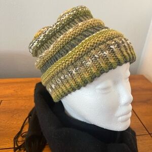 Handknit wool blend Olive Green Striped Beanie